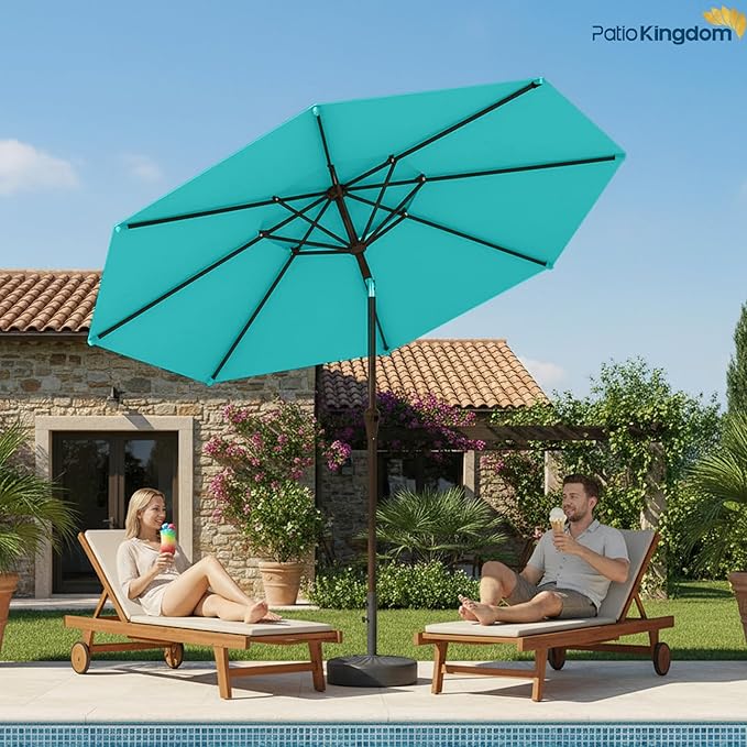 9FT Patio Umbrella 2-Tier Outdoor Market Table Umbrella with Push-Button Tilt & Crank | UPF 50+ & Waterproof for Backyard,Garden,Pool,Deck (Peacock Blue)