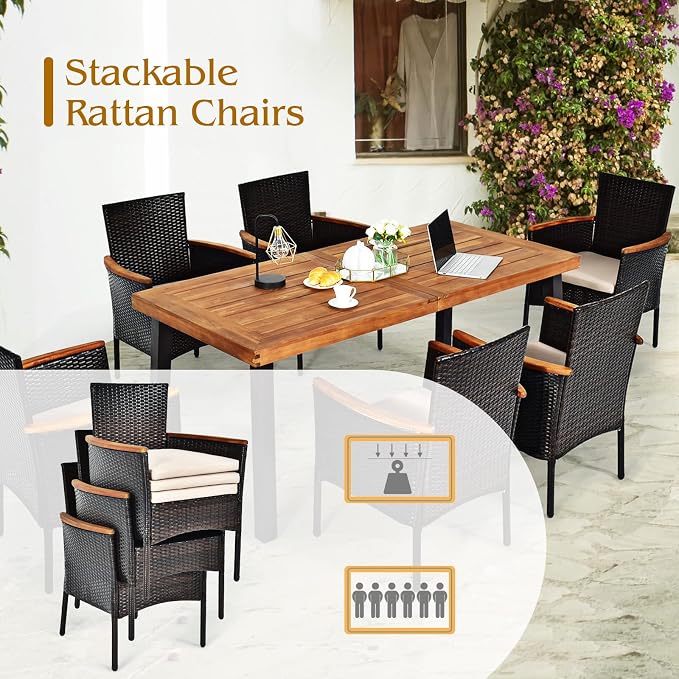 Tangkula 7 Pieces Patio Dining Set, Patiojoy Outdoor Conversation Set w/Acacia Wood Top Table & 6 Stackable Rattan Chairs, Wicker Dining Furniture w/Umbrella Hole, Steel Frame, Sponge Seat Cushions