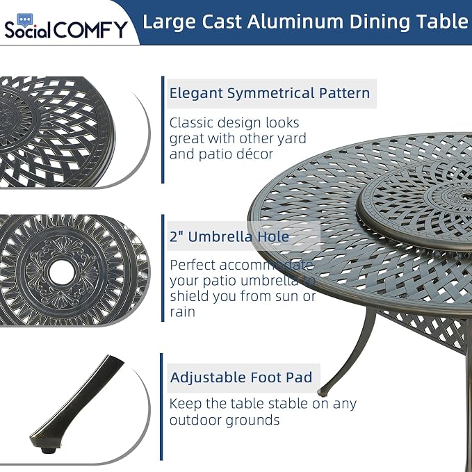 9-Piece Patio Cast Aluminum Dining Set, Outdoor Dining Furniture Set for 8 Person, Includes 8 Cushioned Chairs and 61" Large Round Dining Table W/ 31" Lazy Susan, Umbrella Hole, Navy Blue