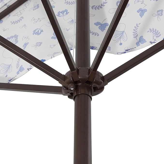 JONATHAN Y Sidney Coastal 9 ft. Blue/White Chinoiserie Half Umbrella for Outdoor Patio, Space-Saving Rectangular Wall Sun Shade with Crank Lift, UV Protection for Balcony, Deck, Dark Brown Pole UMB1200F
