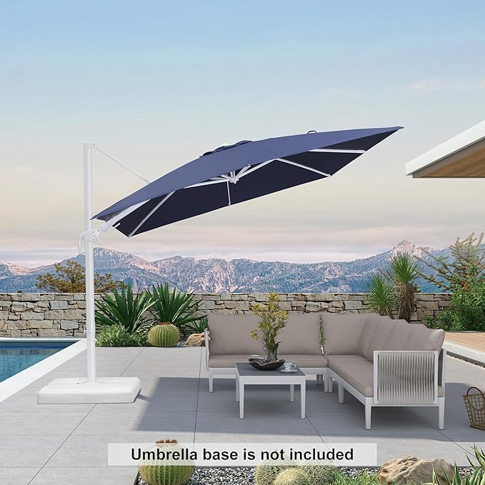 PURPLE LEAF 9' X 12' Right-left Tilt Patio Umbrella Swivel White Cantilever Umbrella with Tilt Aluminum Outdoor Umbrella with 360° Rotation for Deck Pool Garden, Navy Blue