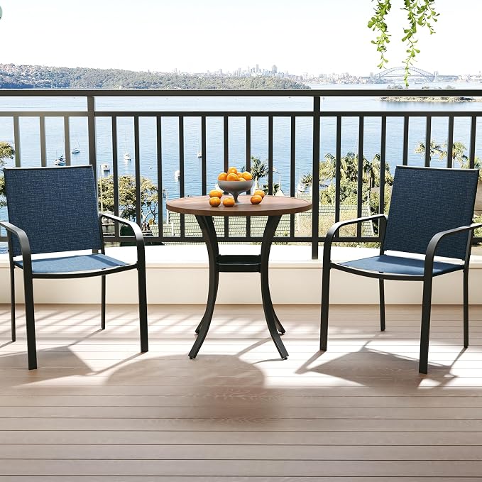 Anmutig Outdoor Bistro Set for 2, Stackable Chairs & Metal Table, Blue | Weather-Resistant Textilene, Black Powder-Coated Steel Frame, Storage Shelf, Easy Assembly, Balcony, Deck, Poolside Use