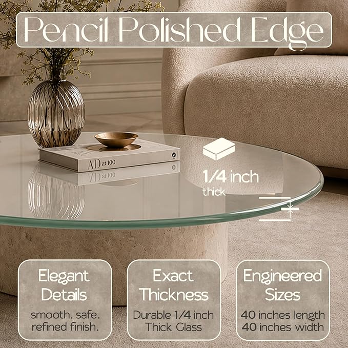 40 inch Round 1/4" Thick Pencil Polished Edge Glass Table Top with 6 Bumpers - Tempered, Scratch Resistant & Safety Replacement Glass Designed for Dining, Coffee, Patio & End Tables