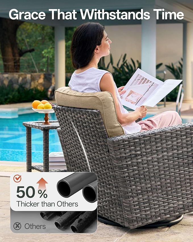 Luxury 7-Piece Patio Furniture Set with 6-Inch Thick Cushions, Outdoor Couch and Swivel Rocker Chairs, Wicker Conversation Set for Porch, Deck, Yard, Pool in Beige