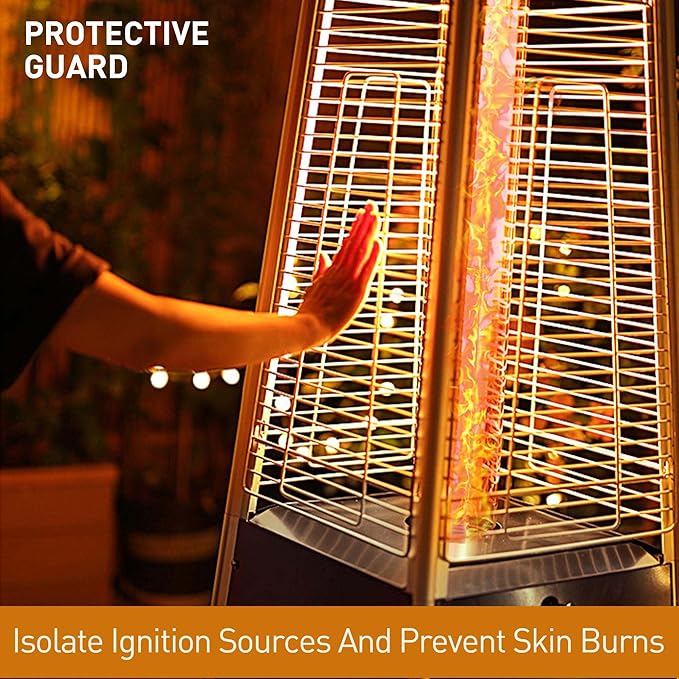 【48,000 BTU Pyramid Patio Heater】Outdoor Propane Heater with Wheels & Cover, 360° Heating for Terrace Garden Poolside, Commercial Residential Use, Stainless Steel Glass Tube Design (Brown)