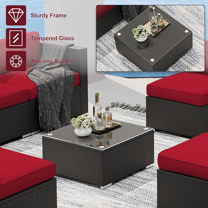 SUNCROWN 7-Piece Outdoor Patio Furniture Sofa Set All-Weather Wicker Sectional Conversation Set with Modern Glass Coffee Table and Cushions, Backyard, Garden, Red