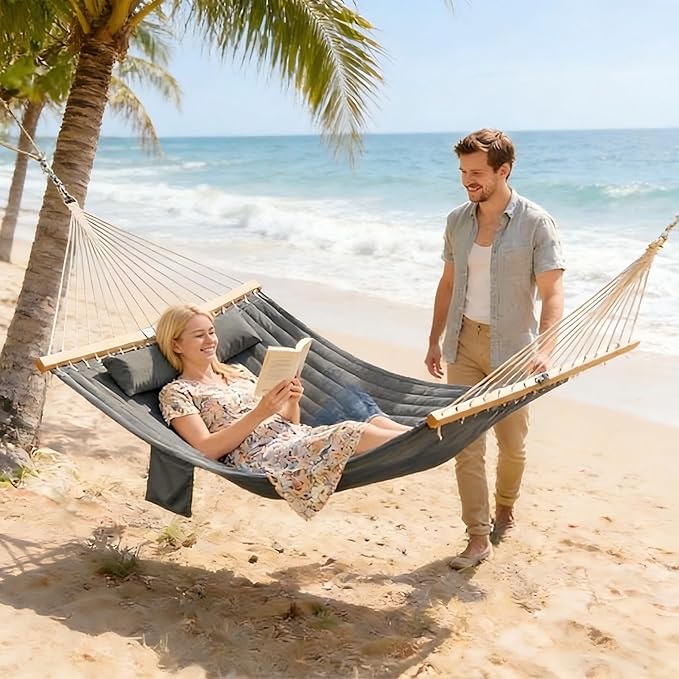 2-Person Tree Hammock Outdoor, Portable Double Hammock Without Stand, Detachable Headrest Magazine Pocket, 450 lbs Capacity, Camping Patio Backyard Indoor Outdoor Hammock Bed (Gray)