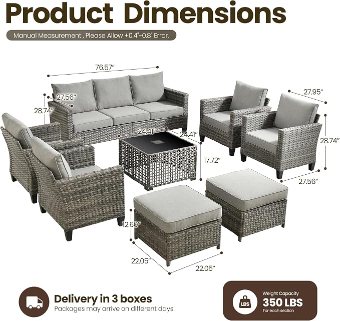 8 Piece Wicker Patio Furniture Set with Solar Table, Dark Gray | Outdoor Deep Seating Sofa Chair Ottoman, Solar Lights Table, All Weather Rattan, Modern Conversation Set, Porch Deck Backyard