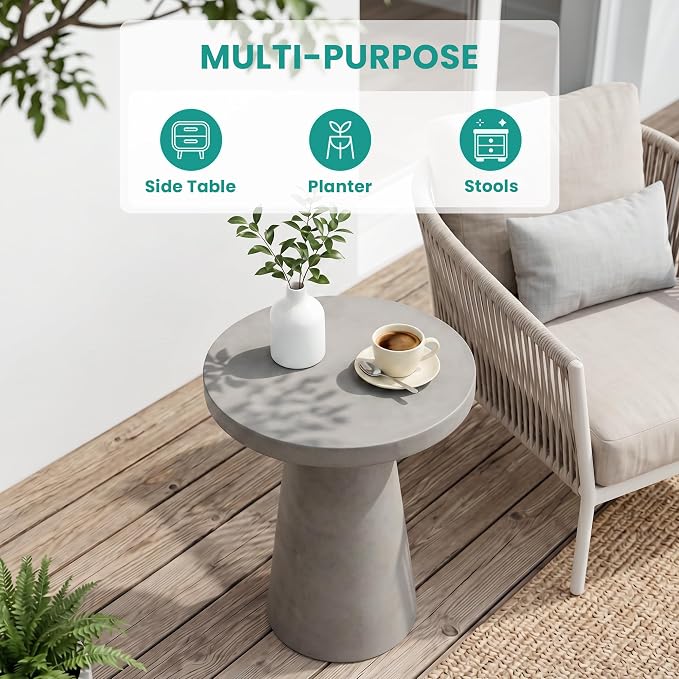 SUNBURY Outdoor Side Table Large, 22" H Concrete End Table w Conical Pedestal, Lightweight Round Accent Table, Decorative Modern Coffee Table, Garden Planter Stand for Patio, Porch, Living Room, Grey