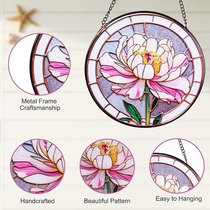 Stained Glass Window Hanging, Pink Peony Suncatcher 7.8 in Sun Catcher Glass Panel Boho Wall Art Decor with Chain Diamond Glass Panel Hangings Scenery Sun Catchers Decor for Lover Couple Mom