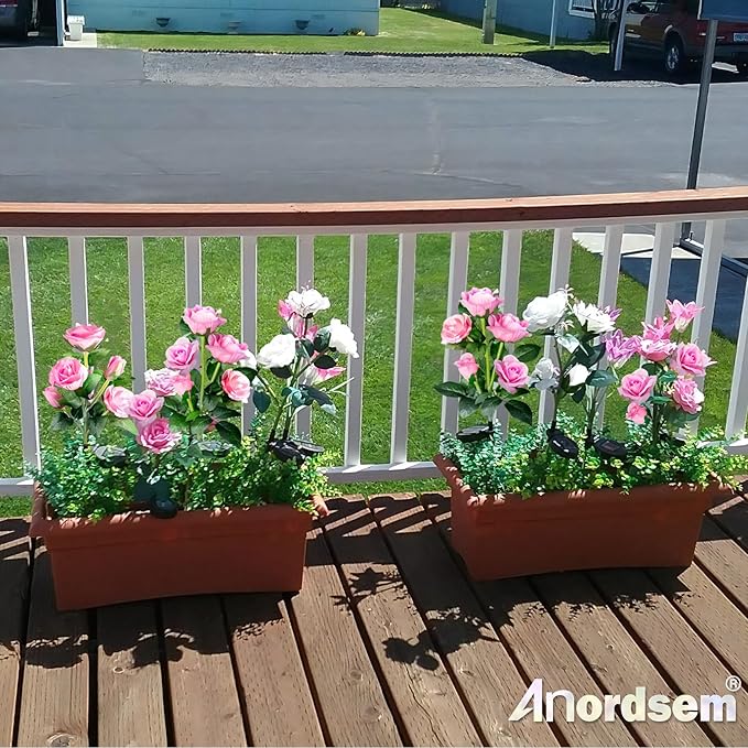 Anordsem Solar Garden Lights Outdoor: 20 Waterproof Fabric Roses 4 Pack - White LED Flower Decorations for Yard Patio Path Cemetery Grave - Birthday Gifts for Women Mom Wife