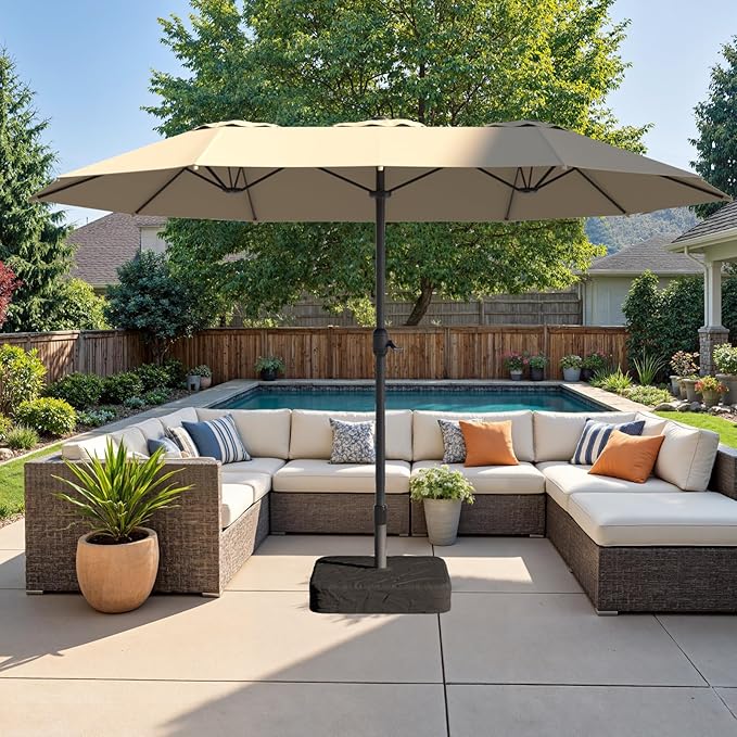 15ft Double-Sided Outdoor Patio Umbrella, Table Umbrellas with Steel Ribs, Easy Crank, Market Umbrella for Backyard & Pool