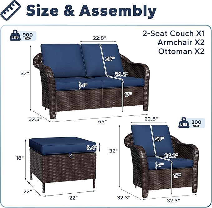 5 PCS Outdoor Conversation Set | 55" Couch, 2 Chairs, 2 Ottomans, Patio Wicker Conversation Furniture with Removable Cushions for Bistro, Deck, Sunroom (Navy Blue)