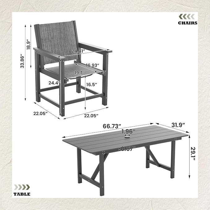 UDPATIO HDPE Outdoor Dining Set Patio Furniture Heavy Duty | Table and Chairs Seating Easy to Assembly Umbrella Hole All-Weather for Pool Garden Backyard Indoor Kitchen Light-grey