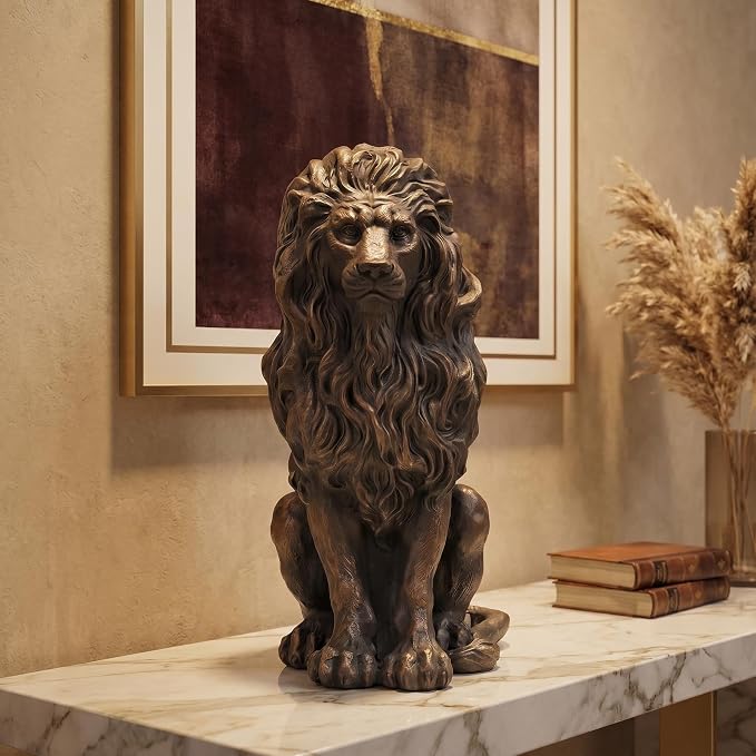 20.5" Brown Lion Statue, Resin Outdoor Guardian Sculpture | Weather-Resistant Finish, Simulated Animal Decor, For Villa Garden Park Resort, Home Courtyard