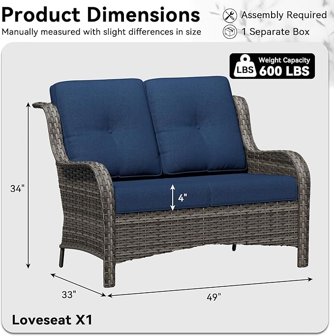 Wicker Patio Loveseat, 2 Seat Outdoor Couch with Thickened Olefin Cushions, High Back and Deep Seating, Hand-Woven PE Rattan for Porch, Deck, Balcony