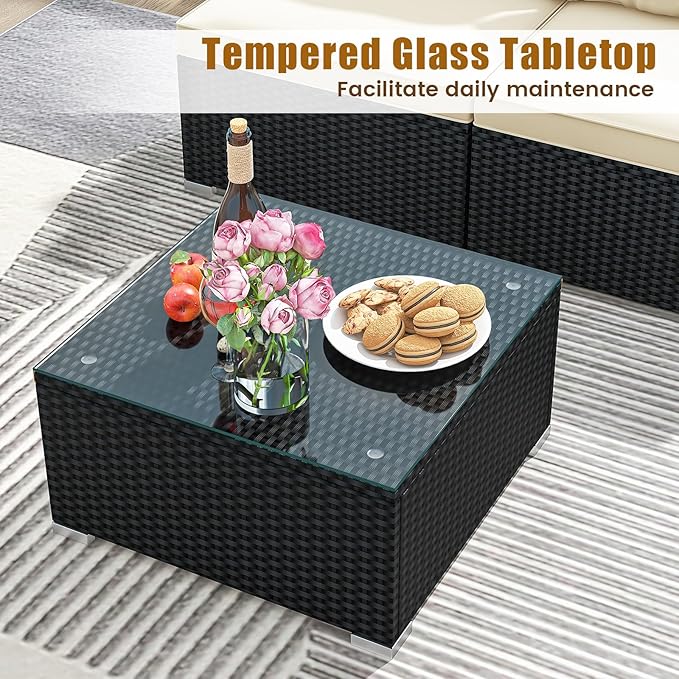 5 Pieces Patio Furniture Set, Outdoor Sectional Sofa with Tempered Glass Coffee Table & Cushions, Wicker Patio Conversation Set for Porch, Deck, Balcony, Poolside & Backyard