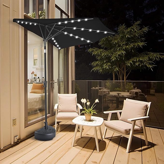 FLAME&SHADE 9 FT Solar Half Patio Umbrella with 25 LED Lights, Half Outdoor Umbrella with Button Tilt, Half Round Table Umbrella For Deck, Backyard, Balconies, Decks, Rvs, UV Protection (Black)