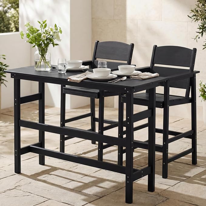 Outdoor Bar Table Set 3 Piece, HDPE Patio Bar Height Furniture Set with 2 Chairs, Small Space Patio Furniture, Weather Resistant Balcony Bistro Set for Garden, Deck, Porch, Premium Black