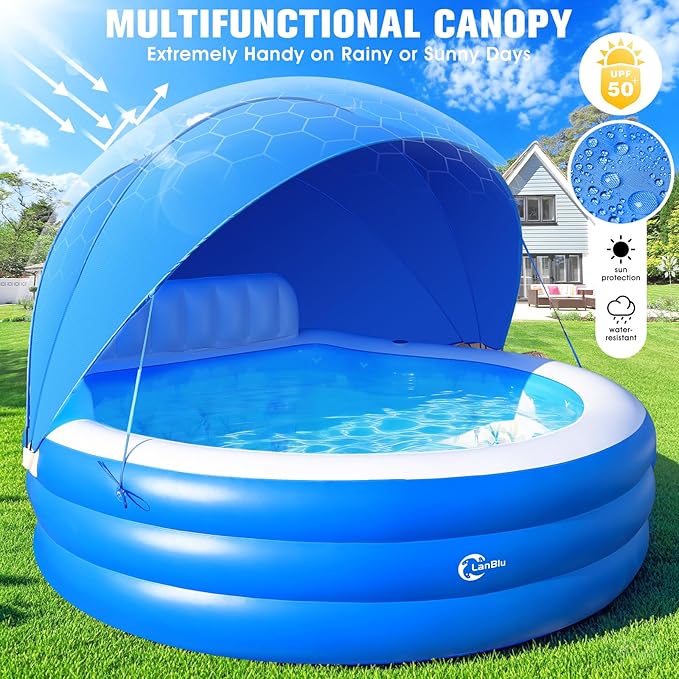 2026 Upgraded Inflatable Pool with Canopy, Inflatable Family Lounge Pool, Round Blow Up Pool for Adult with Bench & Backrest, Swim Center Easy Backyard Pools for Adults, 90"x90"x80", Light Blue