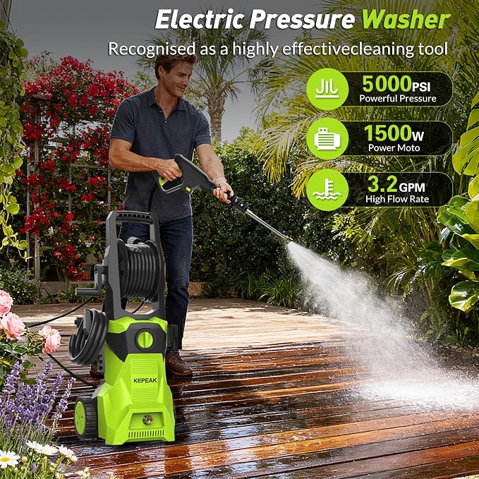 KEPEAK 5000PSI Portable PowerWasher with 4 Quick Connect Nozzles, Foam Cannon, 52ft Hose Reel, for Cars Fences Driveways Patios