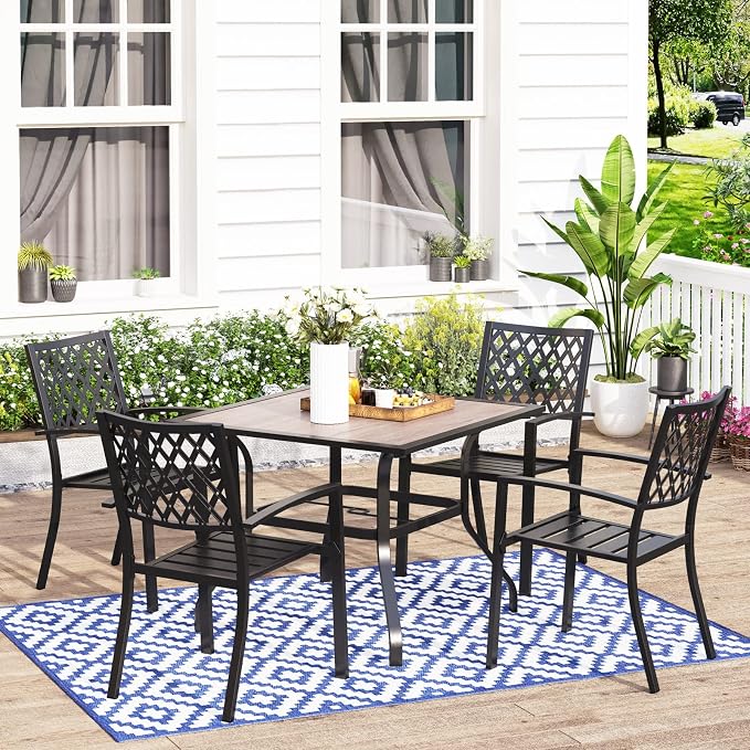 MFSTUDIO Patio Table and Chairs Set of 4, Outdoor Dining Set for 4 with Umbrella Hole, Metal Patio Furniture Set for Deck/Backyard/Poolside/Garden