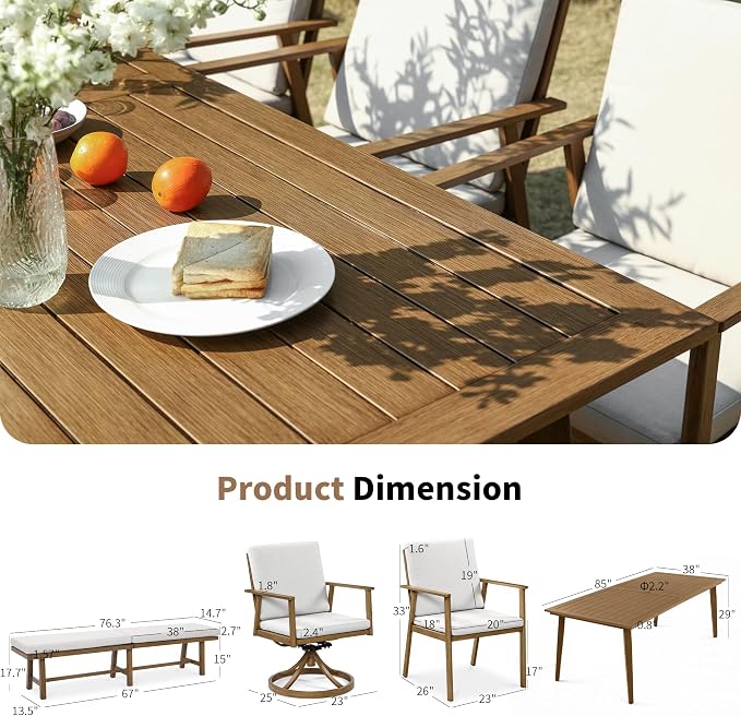 6-Piece Outdoor Table Set with 4 Swivel Chairs & 3-Person Bench, 8-Person Outdoor Rectangular Dining Table with Umbrella Hole, Patio Table Set with Chairs for Garden Backyard Proch, Teak