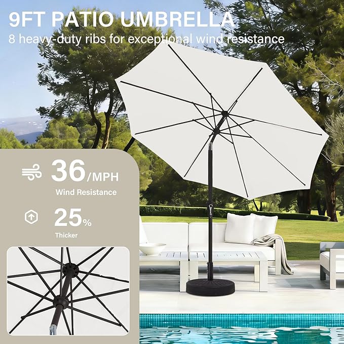 MEWAY 9ft Patio Umbrella Outdoor Table Umbrellas with Push Button Tilt and Crank, Market Umbrella 8 Sturdy Ribs for Deck, Garden, Pool and Backyard, Creamy-white