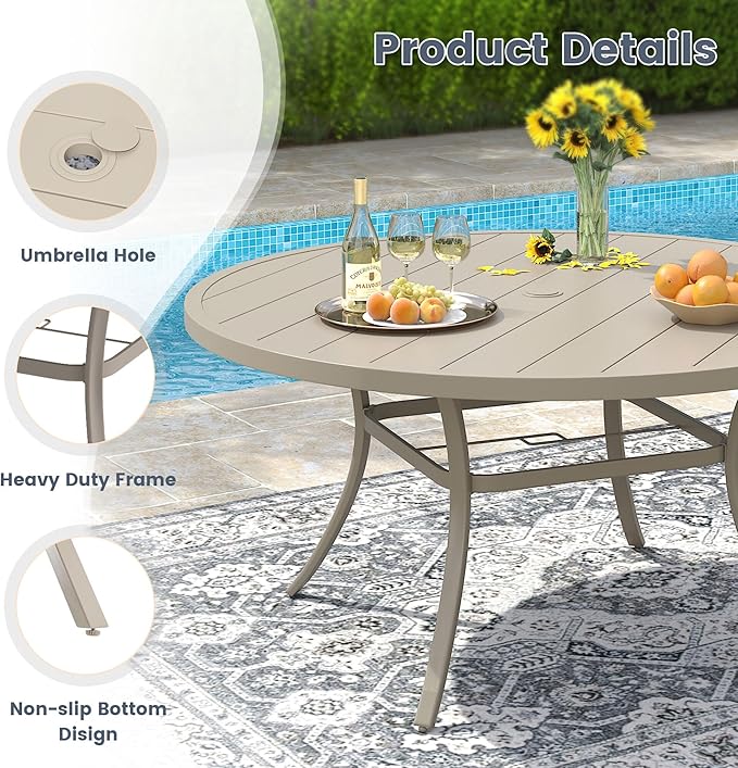 VICLLAX 9 Pieces Patio Outdoor Dining Set, 53" Round Metal Table with Umbrella Hole and 8 Stackable Textilene Chairs for Patio, Lawn, Garden, Porch, Sandshell