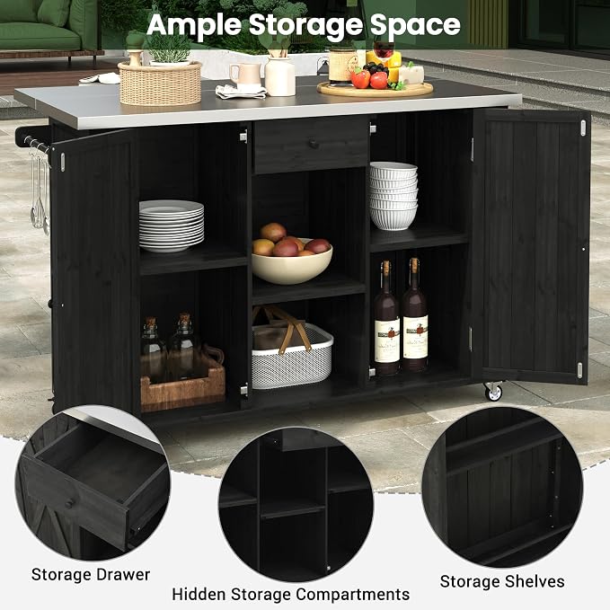 Outdoor Kitchen Island Fir Wood Kitchen Island with Stainless Steel Top,Ample Storage Space, Towel and Spice Racks and a Bottle Opener for Outdoor (Black@53)