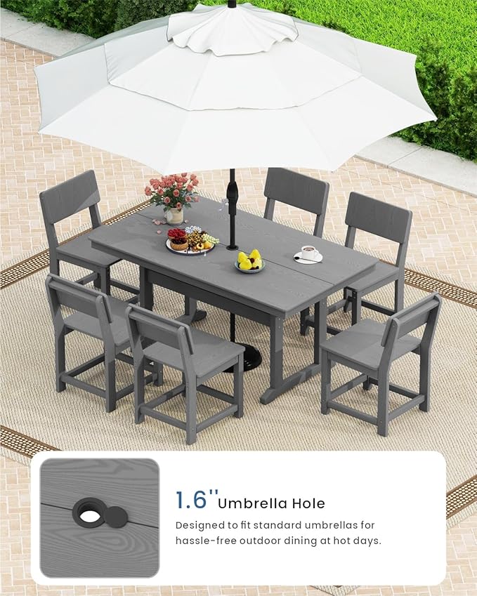 7-Piece HDPE Outdoor Dining Set, Weatherproof Patio Table and Chairs for 6, Outdoor Dining Table Set for Outside Deck Backyard Garden, Grey