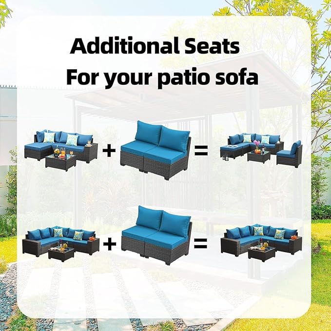 Outdoor Wicker Armless Sofa 2 Pack, Patio Rattan Sectional Sofa Set with Thick Seat Cushions and 2 Back Cushions for Garden, Backyard, Poolside Peacock Blue