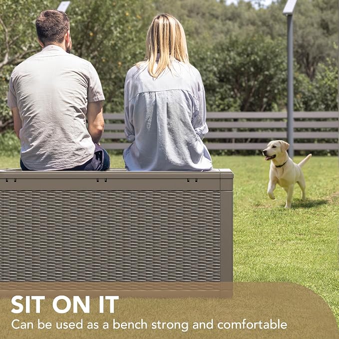 Devoko 100 Gallon Waterproof Large Resin Deck Box Indoor Outdoor Lockable Storage Container for Patio Furniture Cushions Garden Tools (100 Gallon, Light Brown)
