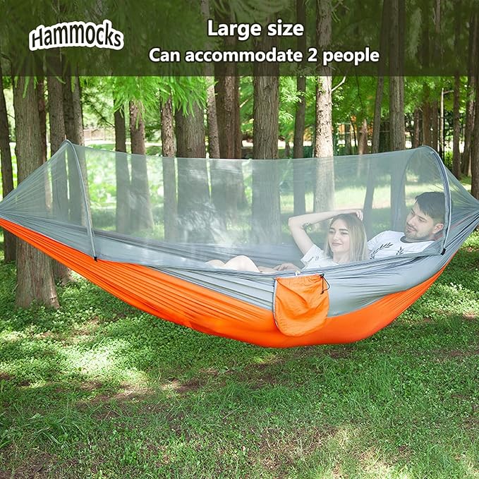 Travel Hammock with Mosquito Net, Lightweight Camping Hammock Hold Up to 200kg, Portable Outdoor Hammock for Camping Hiking Backpacking,Orange,290x140cm