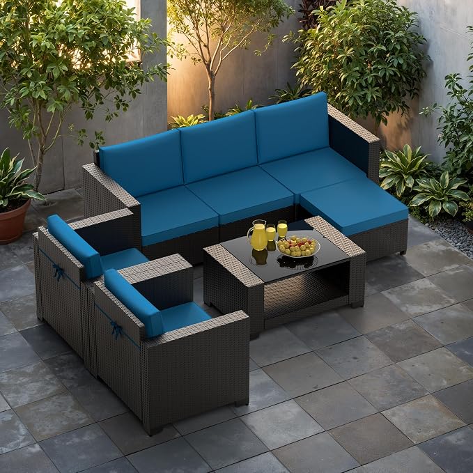 7PCS Patio Furniture Set, Outdoor Furniture All Weather Balcony Furniture with Thick Anti-Slip Cushions & Glass Table PE Rattan Patio Conversation Set for Backyard Garden (Peacock-Blue/XB, 7PCS)
