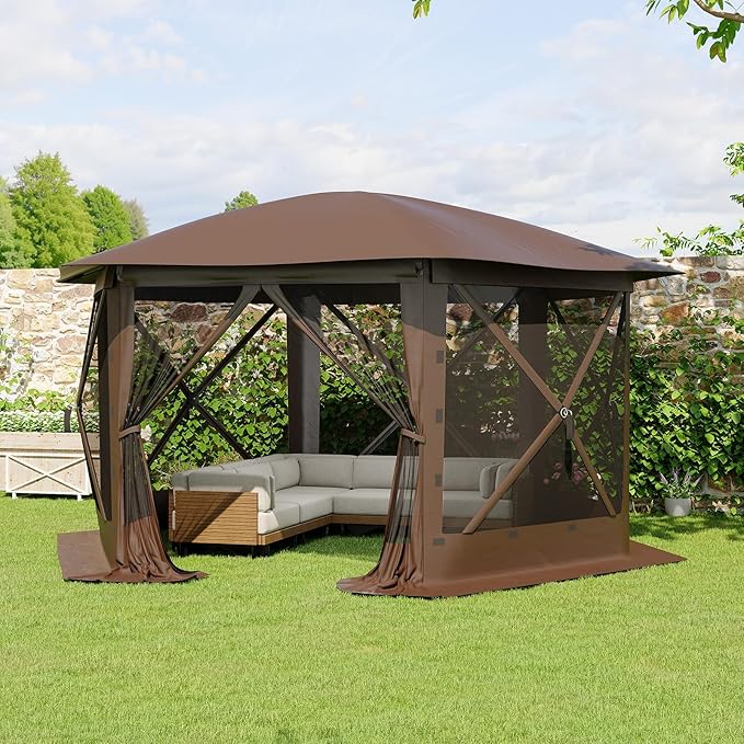 GarveeLife 11.5x11.5FT 6-Sided Pop Up Gazebo Tent，One-Push Setup Canopy Tent with Mesh Panels & Removable Wind Cloths, Outdoor shelter for Camping, Backyard Parties, Outdoor Events - Beige & Khaki