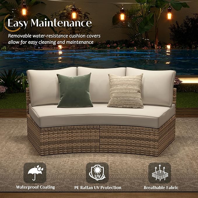 PaPaJet Patio Conversation Set, 3 Piece Half-Moon Sectional Round Patio Furniture Set, Wicker Sofa Set, for Backyard Patio Garden, Beige