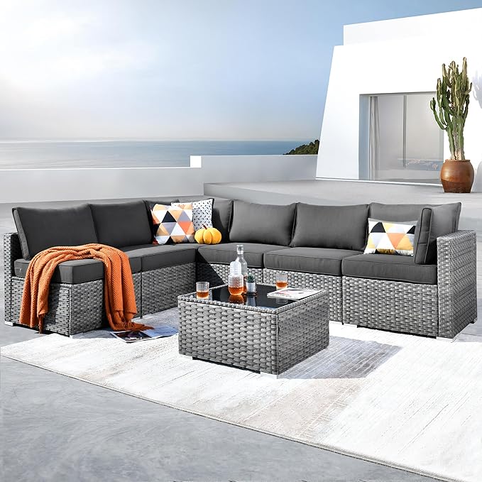 ovios Outdoor 7 Piece Coversation Set with Coffee Table,Sectional Patio Furniture Set with All-Weather Wicker Sofa,Modern Outside Couch for Balcony Backyard Pool, Black