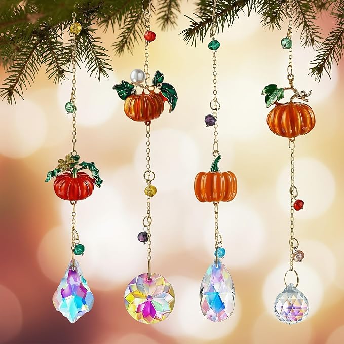 4pcs Fall Pumpkin Suncatchers Crystals Sun Catchers Indoor Window Hanging | Thanksgiving Christmas Tree Decoration for Farmhouse Harvest Autumn Home Party Decor,halloween decorations,gift for women mom