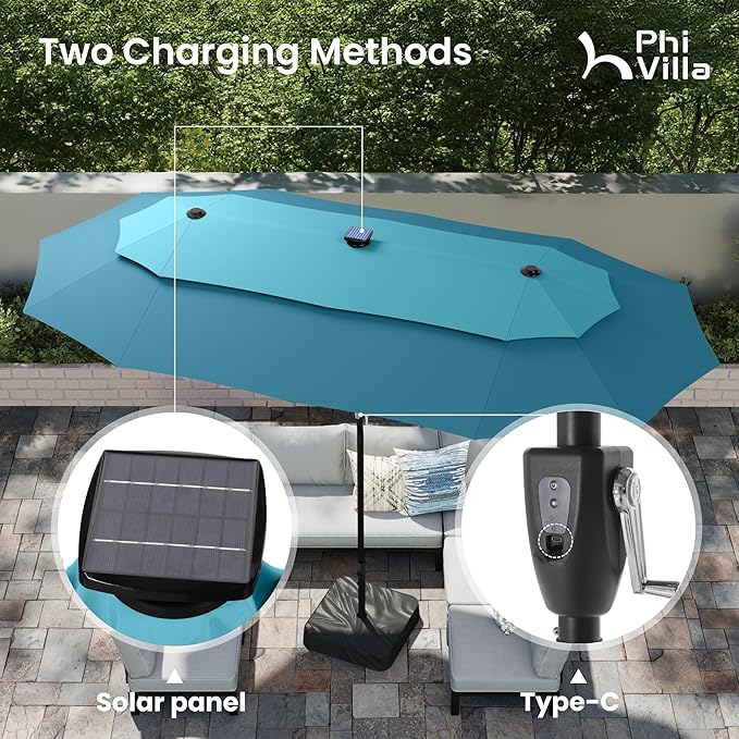 PHI VILLA 13ft Patio Umbrella with 120 PCS Solar-Powered LED Color-Changing Lights, 2-Tier Double-Sided Large Rectanglular Umbrella with Base Included, Blue&Cerulean