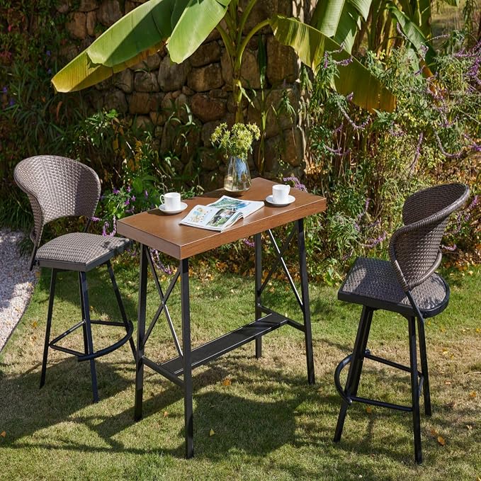 DIFY 40.5” Outdoor Bar Table, Patio Bar Height Pub Table, Long Narrow Bar Table with Sturdy Metal Frame for Bistro, Balcony and Garden, Walnut