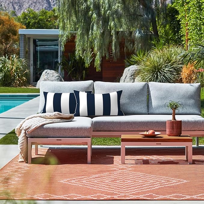 LVTXIII Set of 2 Outdoor Lumbar Pillows for Patio Furniture with White Piping, 12"x20" Fade Resistant Patio Lumbar Pillows with Inserts for Home Coach Sofa Use, Cabana Navy
