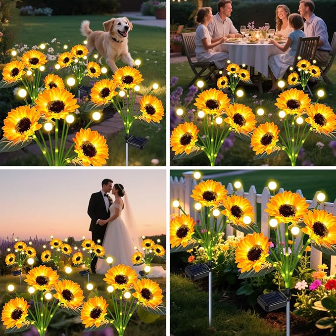 Solar Sunflower Lights Outdoor 4 Pack Solar Flowers Waterproof Outdoor with Firefly Lights,Solar Sunflowers Memorial Garden Decor for Yard Patio Porch Lawn,Birthday Gifts for Mom Women Grandma