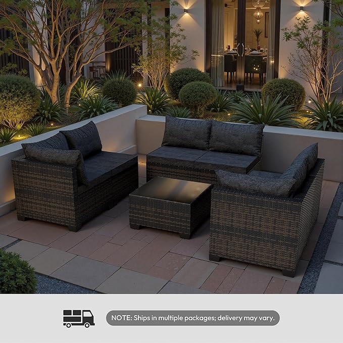 WWR Patio Furniture Set - All-Weather,Water-Resistant - 7 Piece Patio Wicker Rattan Sectional Sofa, Modular Outdoor Conversation Set for Backyard, Garden, Poolside, Balcony, Brown/Dark Gray