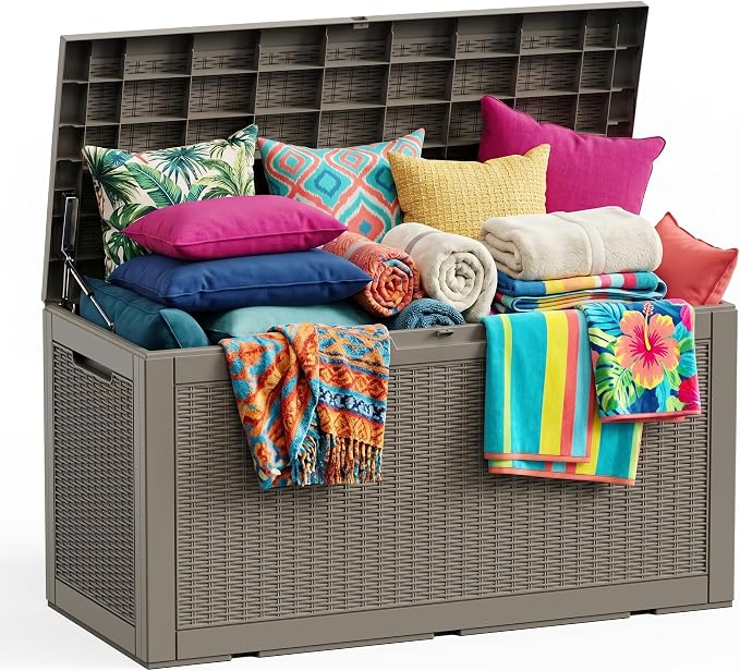 Vixzen 120 Gallon Deck Boxes Outdoor Waterproof, Large Resin Lockable Storage Box with lid for Patio Furniture Cushions, Weatherproof Outdoor Storage Boxes for Garden Tools & Pool Accessories(Grey)