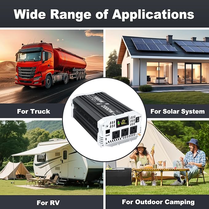 1000 watt Pure sine Wave Inverter, 12V DC to 110V AC Power Inverter, with 3 AC Output sockets, USB Port, Type-C Port, Remote Control with LCD Screen, Used for Solar Emergency Power Supply in RV Homes
