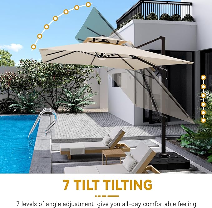 10x13 FT Cantilever Patio Umbrella with Base and Led Lights Double Top Outdoor Rectangular Large Heavy Duty Aluminum Offset Umbrellas with 7 Level Tilt 360-degree Rotation for Pool Garden Deck, Beige