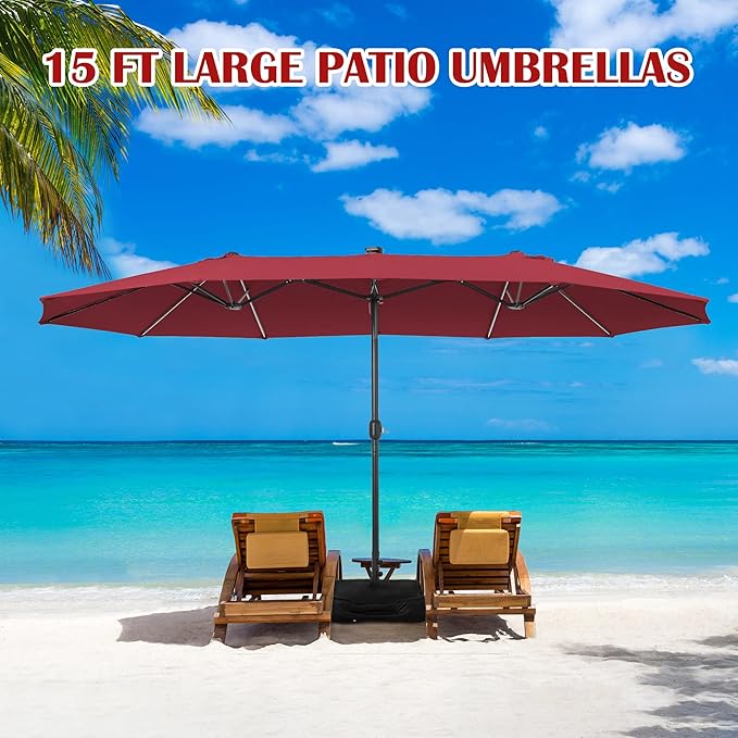 Sundale Outdoor Solar 144 LED 15 ft Patio Umbrella with Sandbag Base Included and Cover, Outdoor Double-Sided Umbrella with Lights