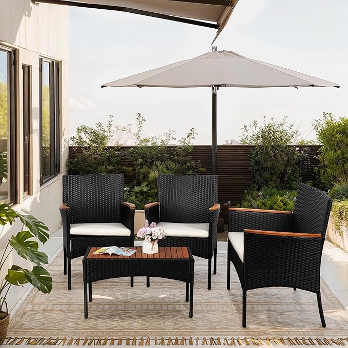 SUNLEI Multi Pieces Outdoor Patio Furniture Sets Conversation Sets Rattan Chair Wicker Set,Glass Table,Outdoor Indoor Use Backyard Porch Garden Poolside (Black, 4 PCS-White/Wood Tabletop)…