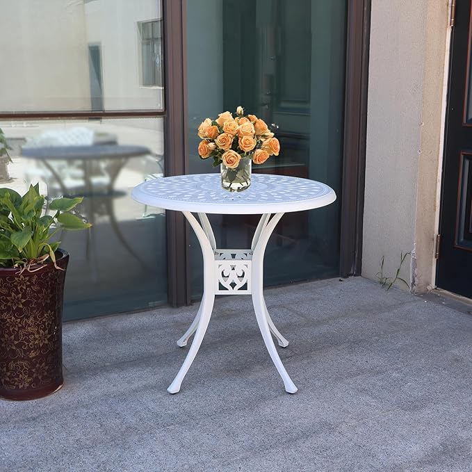 30 inches Patio Table with Umbrella Hole, Round Cast Aluminum Bistro Table for Porch Backyard, White